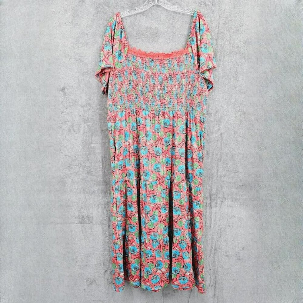 Suzanne Betro Dress 2X Red Blue Floral Lace Trim Square Neck Smocked Bodice New